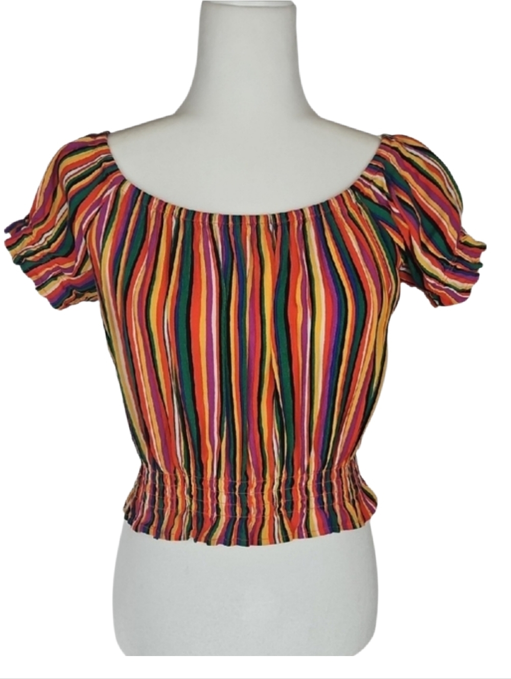 Forever 21 Rainbow Striped Crop Top Short Sleeve Green Yellow Orange Blue Top M